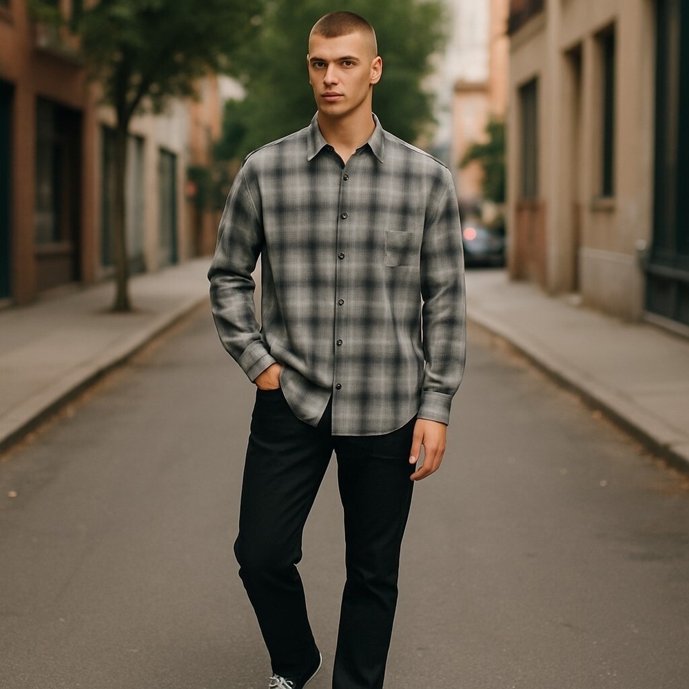 7‎ Diamonds Men's XL Long Sleeve Button-Up Plaid Shirt – Gray Check Casual Style